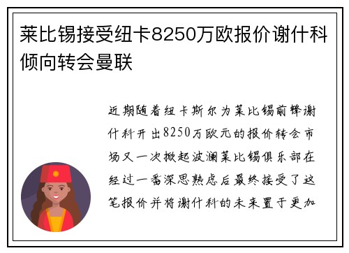 莱比锡接受纽卡8250万欧报价谢什科倾向转会曼联